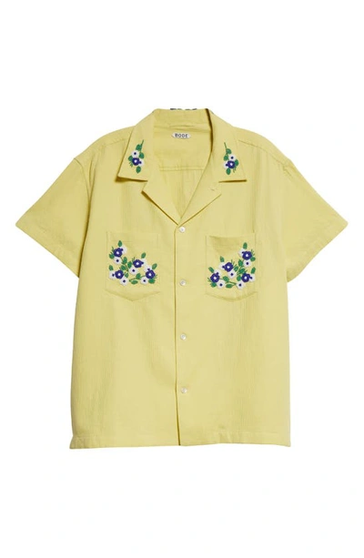 Shop Bode Beaded Flower Short Sleeve Cotton Corduroy Button-up Shirt In Yellow