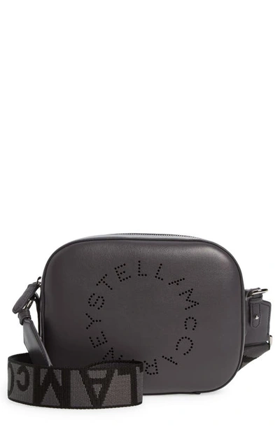 Shop Stella Mccartney Small Perforated Logo Faux Leather Camera Bag In Slate