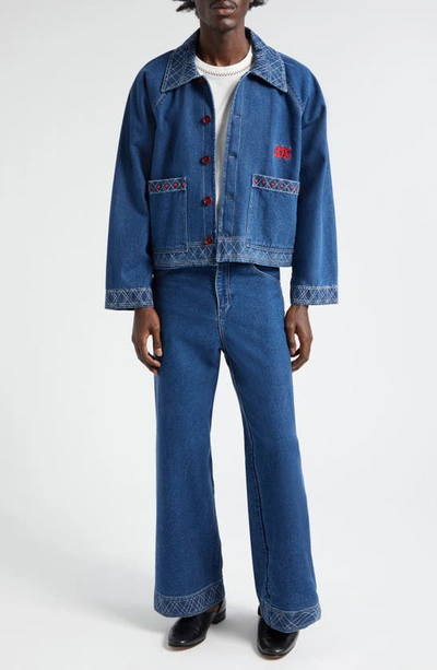 Shop Bode Embroidered Denim Jacket In Indigo