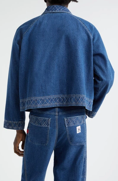 Shop Bode Embroidered Denim Jacket In Indigo