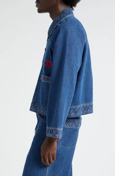 Shop Bode Embroidered Denim Jacket In Indigo