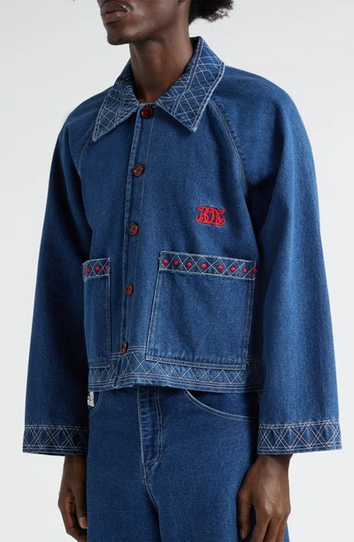 Shop Bode Embroidered Denim Jacket In Indigo