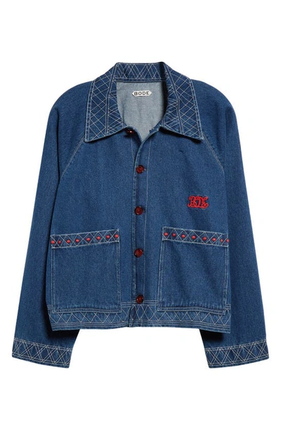 Shop Bode Embroidered Denim Jacket In Indigo