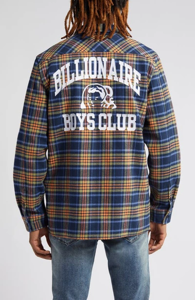 Shop Billionaire Boys Club Contact Plaid Logo Appliqué Flannel Overshirt In Maritime