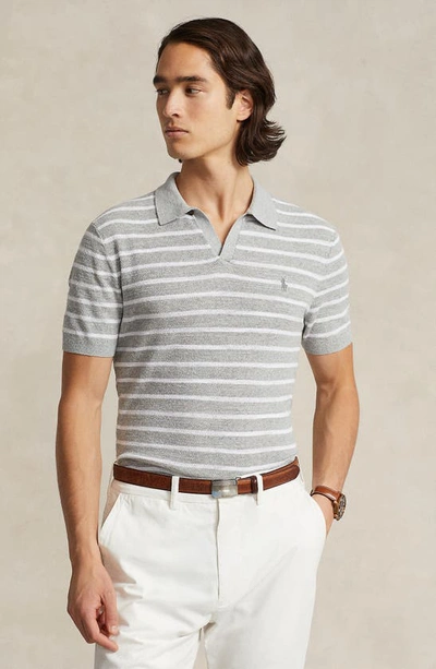 Shop Polo Ralph Lauren Stripe Johnny Collar Cotton & Linen Polo Sweater In Andover Heather Combo