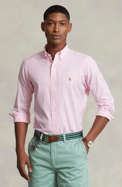 Shop Polo Ralph Lauren Stripe Stretch Cotton Oxford Button-down Shirt In Pink/ White