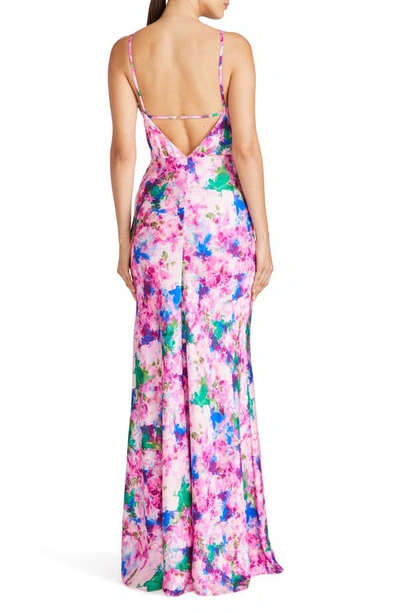 Shop ml Monique Lhuillier Violette Floral Halter Neck Satin Gown In Waterlily Floral