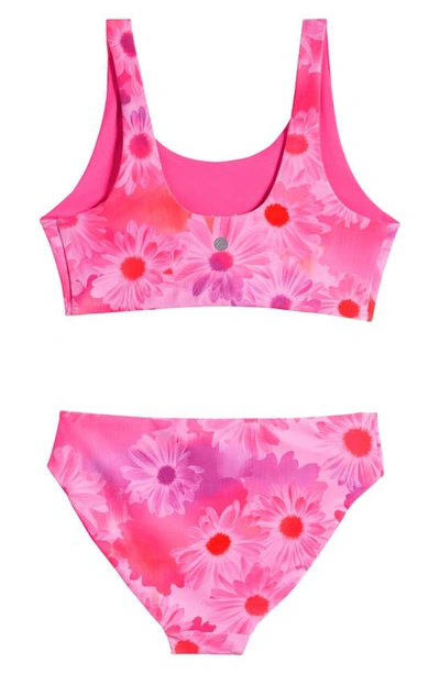 Shop Zella Girl Kids' Tie Front Reversible Two-piece Swimsuit In Pink Flash Hazy Daisies