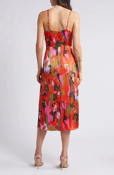 Shop Chelsea28 Side Tie Satin Dress In Red Multi Canvased Blooms