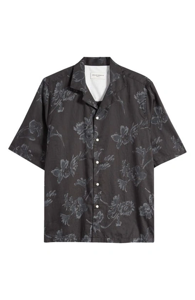 Shop Officine Generale Eren Floral Short Sleeve Cotton Button-up Shirt In Black/ Grey