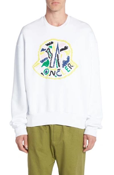 Shop Moncler Stitched Logo Cotton Crewneck Sweatshirt In Brilliant White
