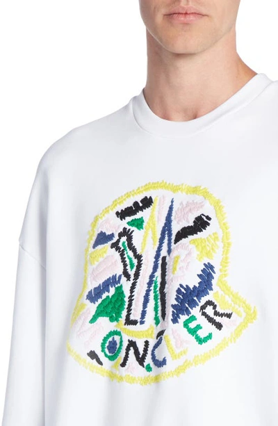 Shop Moncler Stitched Logo Cotton Crewneck Sweatshirt In Brilliant White