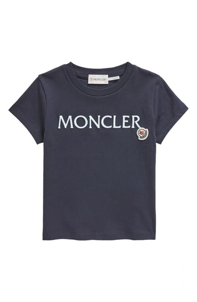 Shop Moncler Kids' Embroidered Logo Cotton T-shirt In Blue Navy