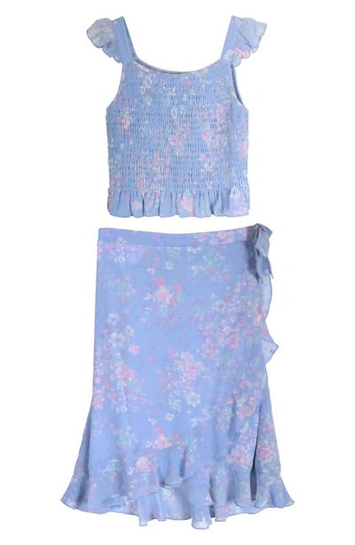 Shop Zunie Kids' Floral Ruffle Two-piece Dress In Chambray Floral