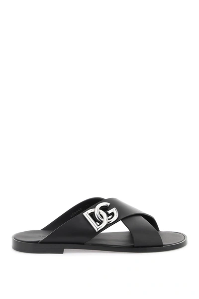 Shop Dolce & Gabbana Leather Sandals With Dg Logo Men In Black
