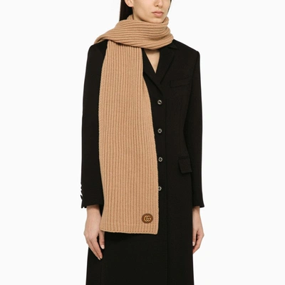 Shop Gucci Camel-coloured Cashmere Scarf With Logo Women In Brown