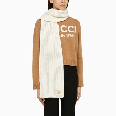 Shop Gucci Ivory Cashmere Scarf With Logo Women In Multicolor