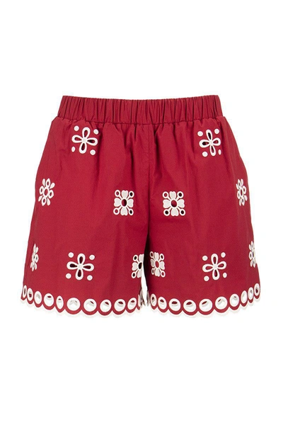 Shop Red Valentino Cotton Shorts With Sangallo Embroidery In Cherry