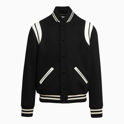 Shop Saint Laurent Black/white Wool Bomber Jacket Men
