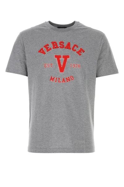 Shop Versace Man Melange Grey Cotton T-shirt In Gray