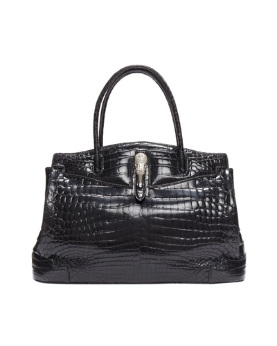 Shop Other Designers Kwanpen Black Polished Scaled Leather Silver Animal Buckle Executive Tote Bag