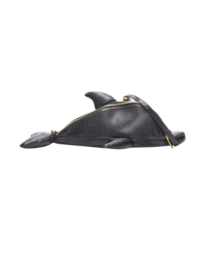 Shop Thom Browne Rare  Mini Dolphin Black Pebbled Leather Crossbody Bag