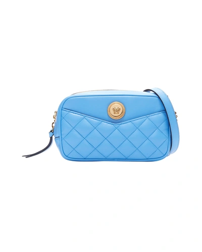 Shop Versace New  Blue Lambskin Leather Quilted Gold Medusa Chain Crossbody Bag Small