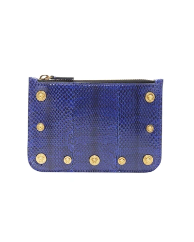 Shop Versace New  Ayers Scaled Leather Gold Medusa Stud Bordered Top Zip Pouch Case In Blue