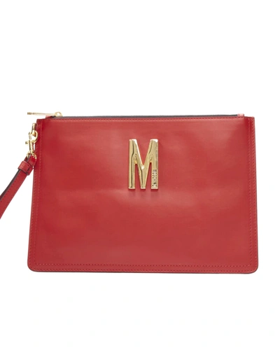 Shop Moschino New  Couture! Smooth Red Leather Gold M Top Zip Wristlet Clutch Bag