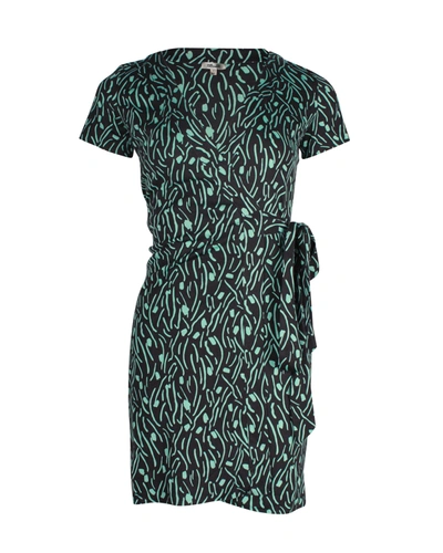 Shop Diane Von Furstenberg Printed Wrap Mini Dress In Teal Silk In Green