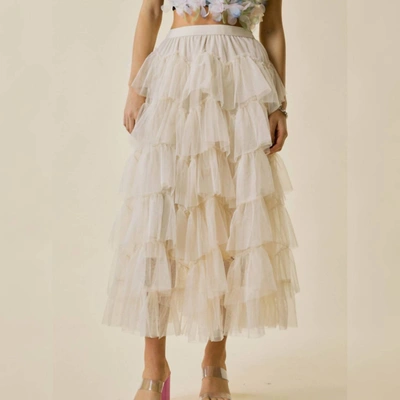 Shop J.nna Tiered Ruffle Mesh Midi Skirt In Off White