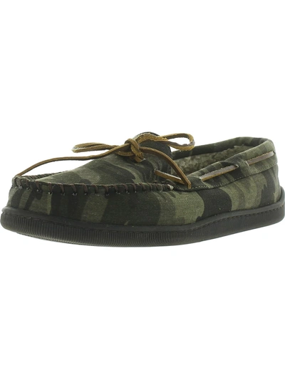 Shop Minnetonka Pile Lined Hardsole Mens Canvas Slip On Moccasin Slippers In Multi