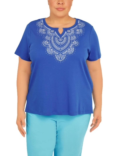 Shop Alfred Dunner Plus Womens Embroidered Split Neck Blouse In Blue