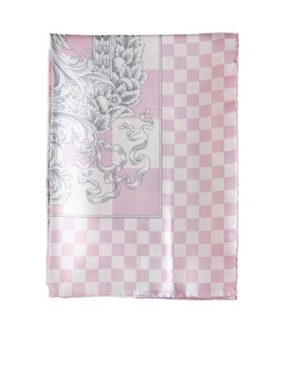 Shop Versace Silk Scarfs In Pastel Pink + White + Silver