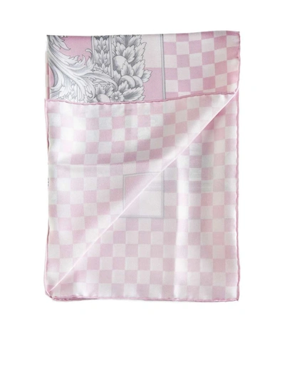 Shop Versace Silk Scarfs In Pastel Pink + White + Silver