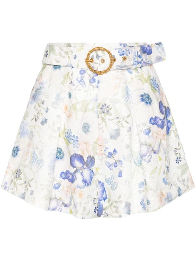 Shop Zimmermann Floral Print Linen Shorts In Blue