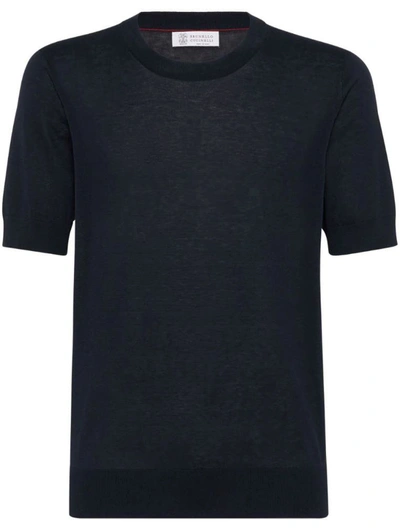 Shop Brunello Cucinelli Slub-texture Fine-knit T-shirt In Blue