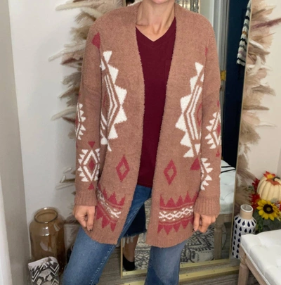 Shop Bibi Aztec Pattern Comfy Open Long Sweater Cardigan In Tan In Red