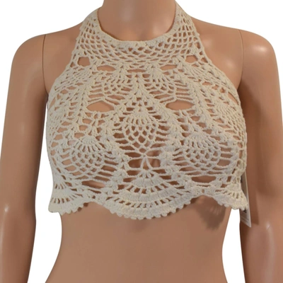 Shop Minkpink Dreamweaver Halter Tie Strap Crochet Bikini Top In Ivory In White