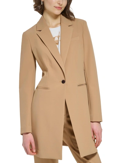 Shop Calvin Klein Petites Womens Woven Long Sleeves One-button Blazer In Beige