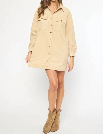 Shop Entro Corduroy Long Sleeve Button Up Dress In Tan In Beige
