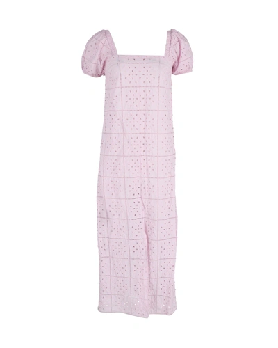 Shop Ganni Puffed Sleeve Midi Dress In Pink Cotton