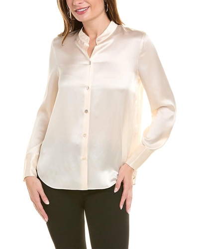 Shop Vince Slim Fitted Band Collar Silk Blouse In Beige
