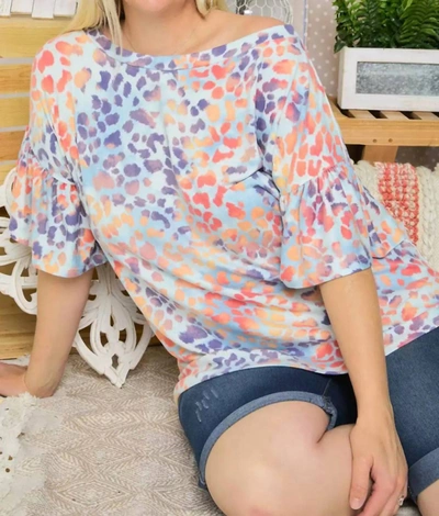 Shop Adora Leopard Boat Neck Top With Ruffle Sleeve -plus In Blue In Multi