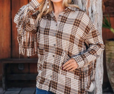 Shop Southern Grace Woodland Escape Long Sleeve Flannel Top In Brown Plaid & Fringe