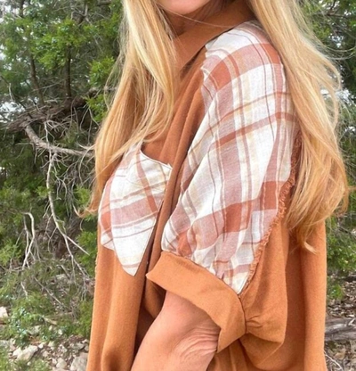 Umgee Camel Linen Plaid Button Down Shirt With Unfinished Frayed Hem In Brown In White