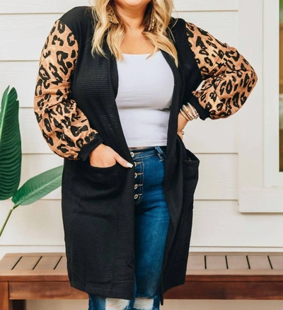 Shop Southern Grace Calm But Catty Cardigan With Pockets And Balloon Sleeves In Black & Leopard