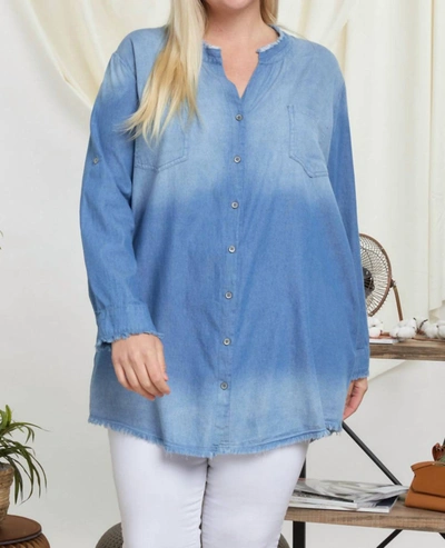 Shop Davi & Dani Rustic Fringe Hem Chambray Shirt Plus Dress In Denim In Blue