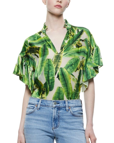 Shop Alice And Olivia Julius Silk-blend Tunic Top In Green