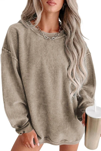 Shop Pretty Bash Washed Ribbed Pullover Sweatshirt In Khaki In Grey